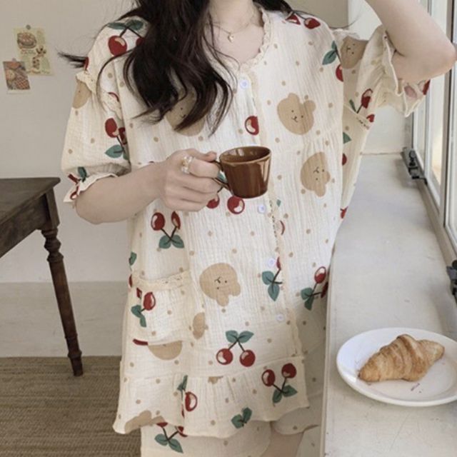 여성 여름 반팔 플릴 레이스 수면잠옷세트 학생용 편안한 홈웨어