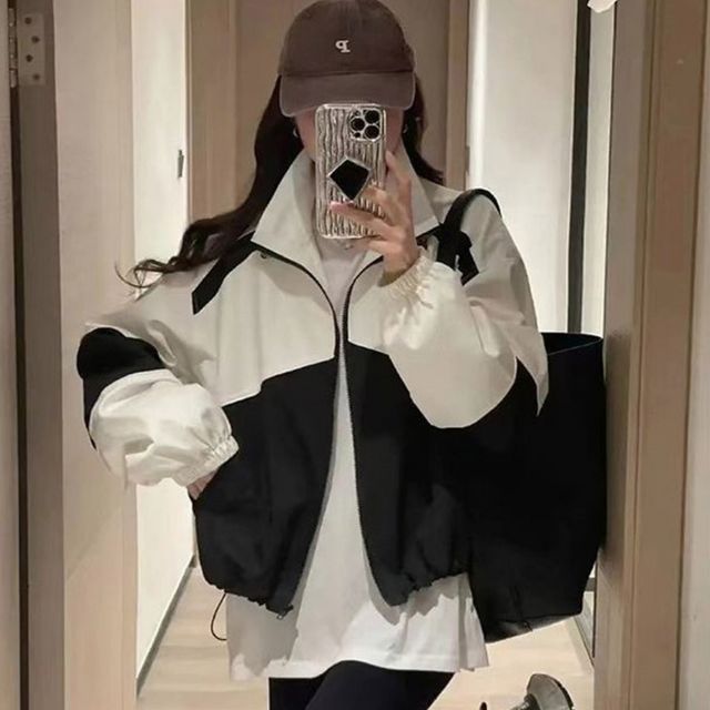 여성 간절기 크롭 바람막이 점퍼 배색 디자인 얇은 아우터