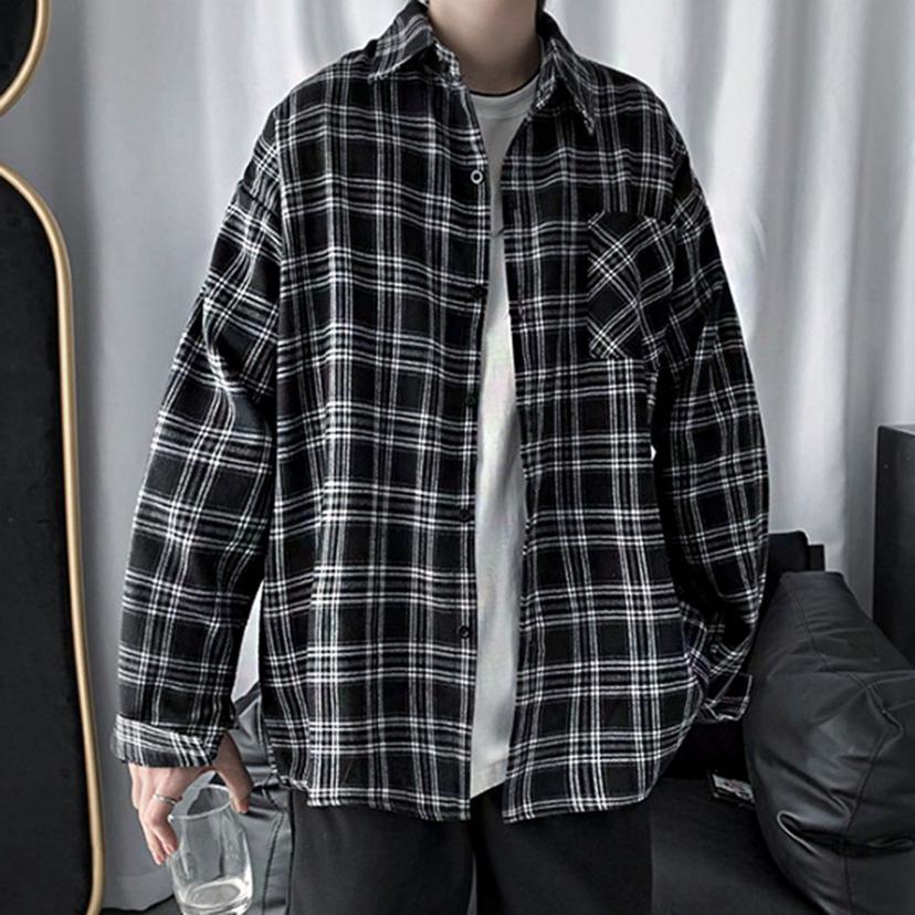 남성 블랙 체크 무늬 루즈핏 셔츠 캐주얼 긴팔 남방