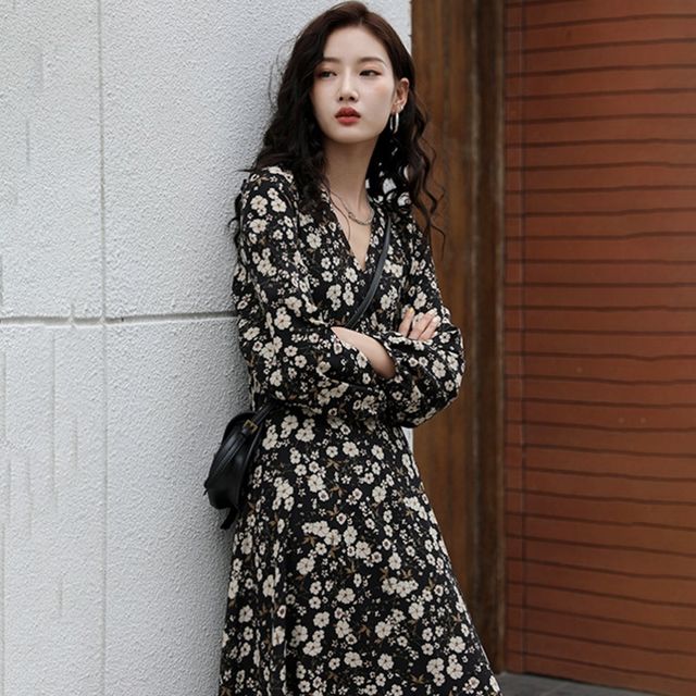 여자 데일리 화사한 플라워 패턴 허리끈 롱 원피스