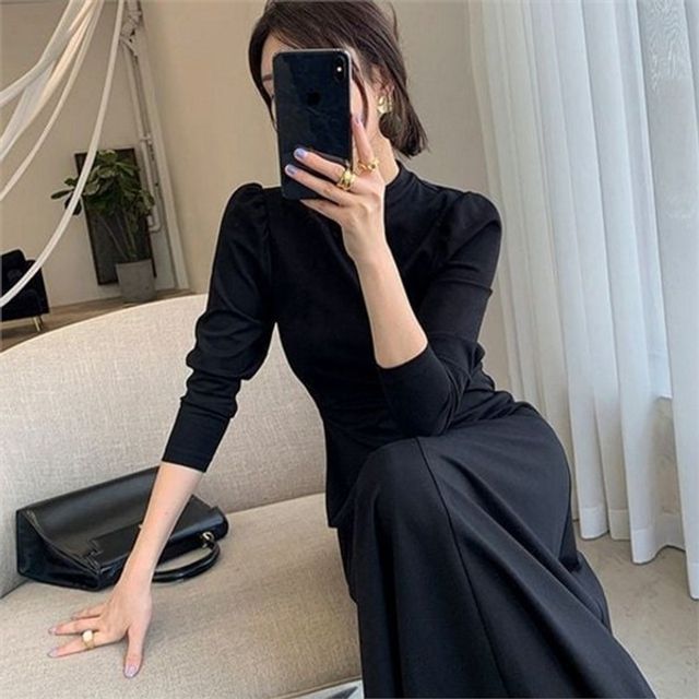 넉넉한 여성 롱 원피스 우아한 여성 하이넥 원피스 셔링 데일리