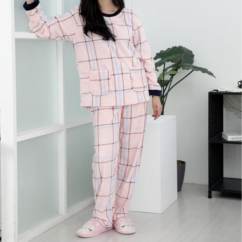 여성 수면 잠옷 체크 핑크 겨울 따뜻한 파자마