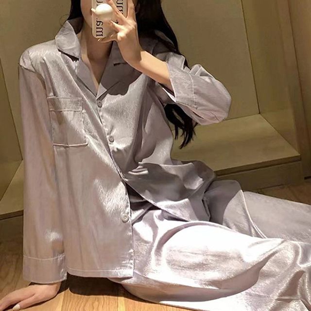 여성 캐주얼 홈웨어 실크 루즈핏 일상 잠옷 세트
