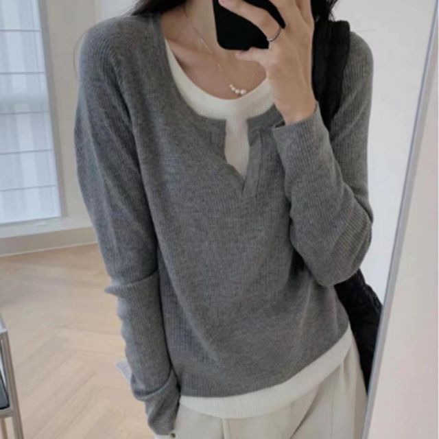 여성 레이어드티 루즈핏 유넥 슬릿긴팔티 캐주얼 데일리 여성티셔츠 상의 긴팔티셔츠