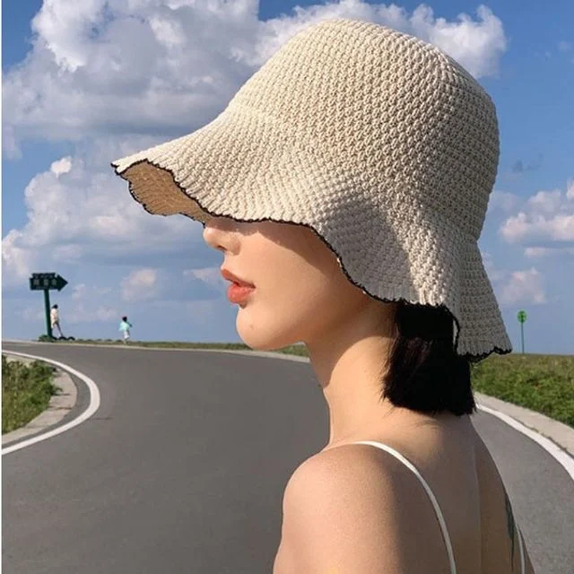은창)웨이브 프릴 배색 짜임 모자 여름 벙거지 선캡