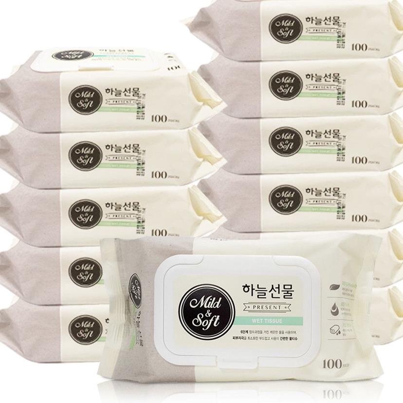 하늘선물 물티슈 캡형 100매 12팩 대용량 유아 아기용