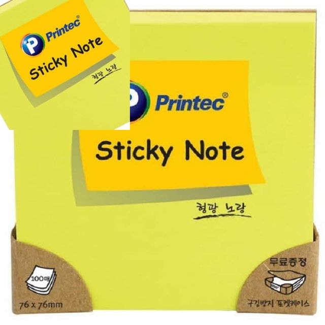 프린텍 스티키노트 형광노랑 76x76 100매 책상메모지 쇼핑몰메모지 병원메모지 어린이집메모지