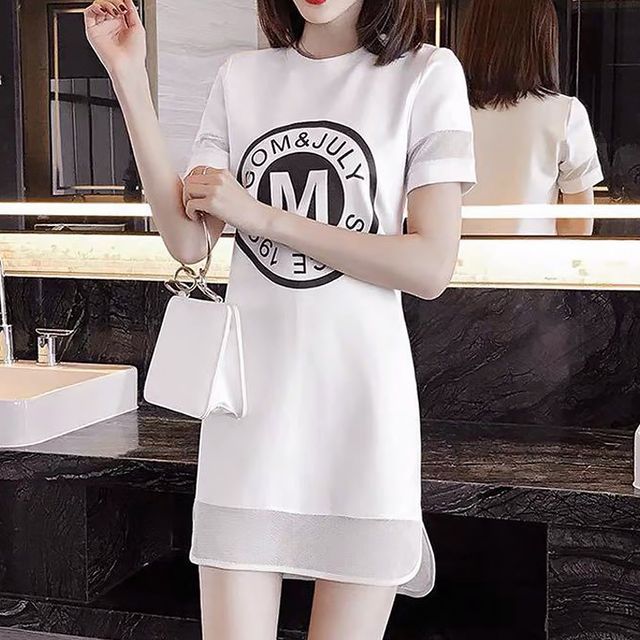레터링 프린팅 데일리 라운드넥 캐주얼 미니원피스