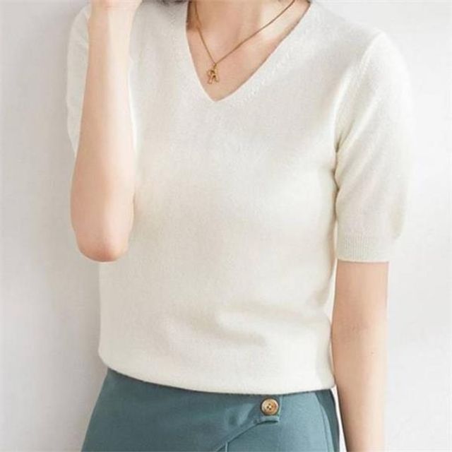 데일리 여성 브이넥 반팔 니트 캐주얼 여성 반팔 니트 티셔츠