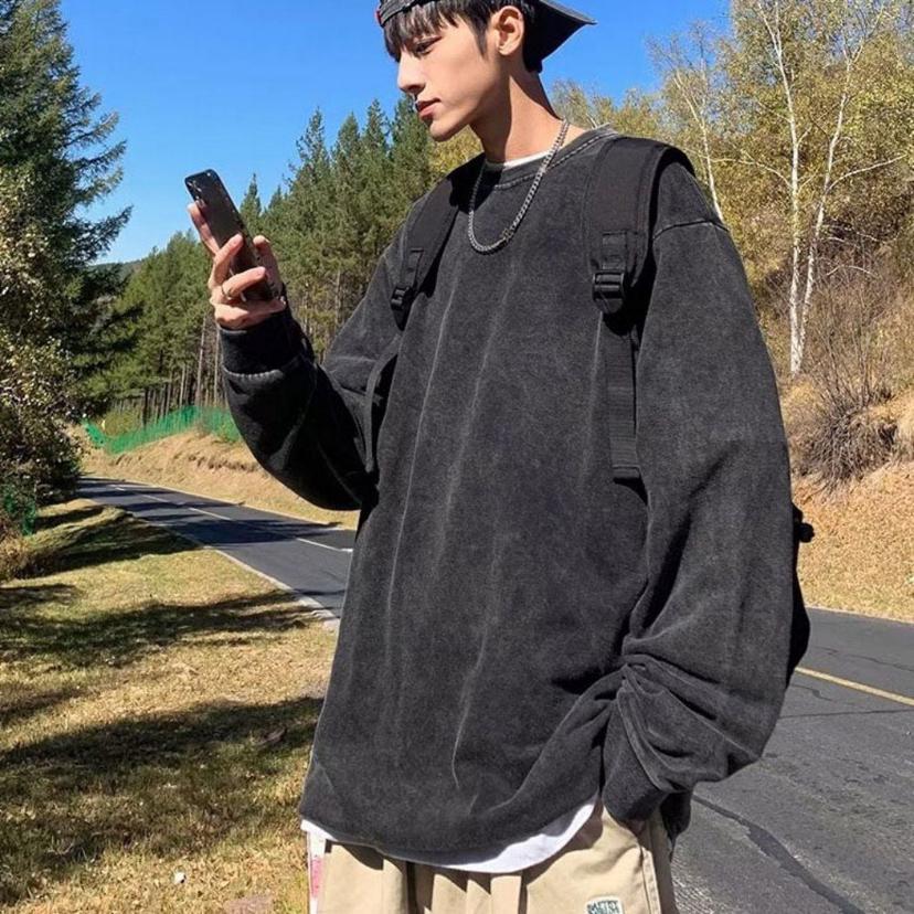 남자 박시핏 스트릿 긴팔 티셔츠 빈티지 스타일