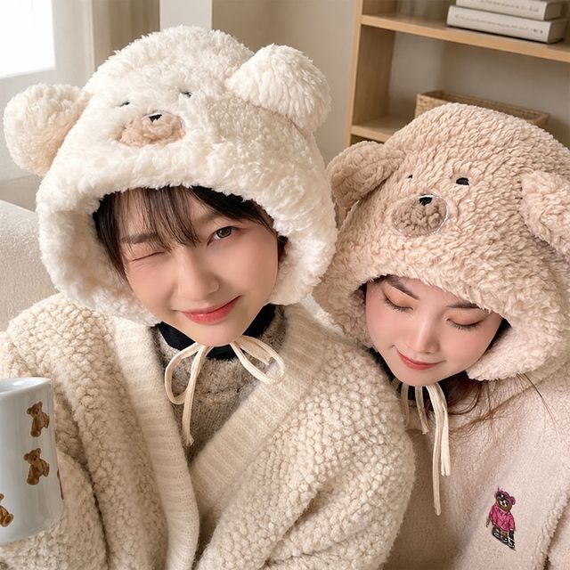 곰돌이 털모자 3컬러 뽀글이 후드모자 끈모자