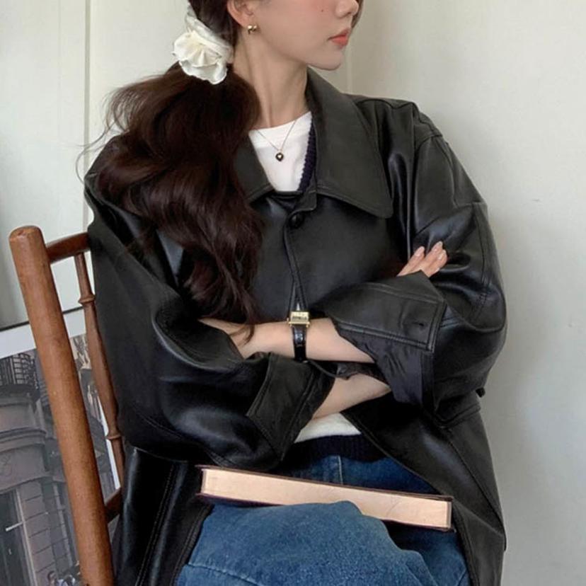 여자 오버핏 가을 라이더 자켓 레더 점퍼 은은한 광택