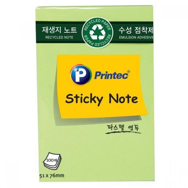 점착메모지 연두색 프린텍 100매 3개 노트 수성점착지 스티키노트