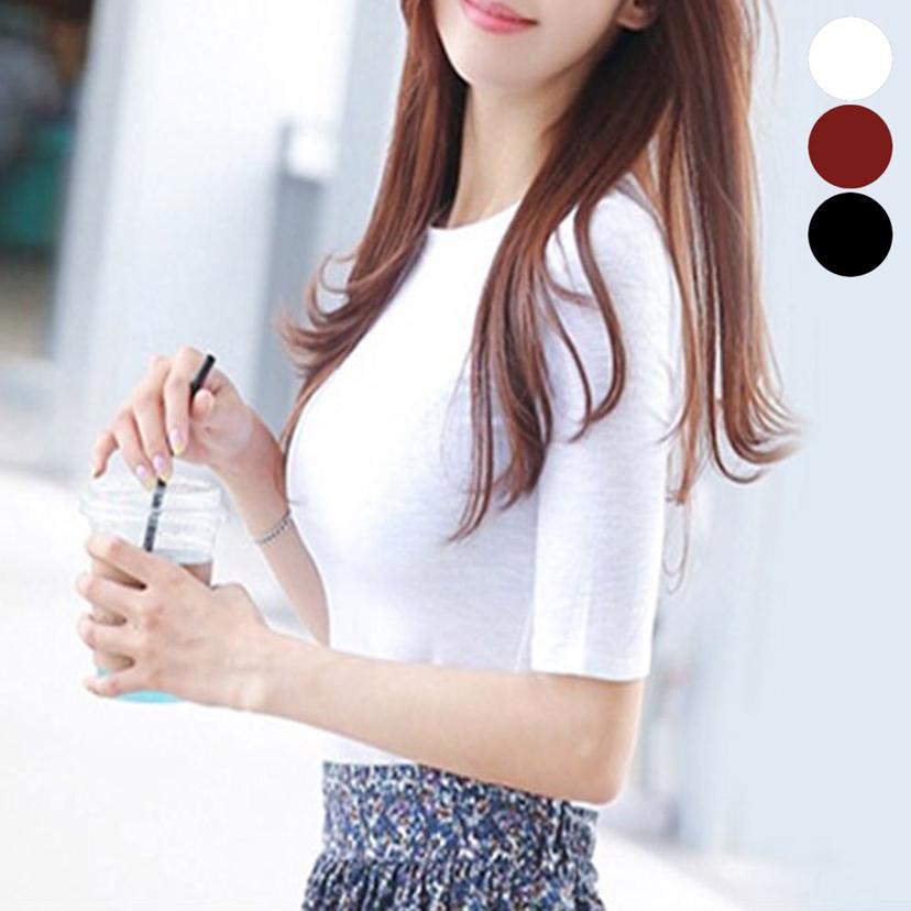 여성 이너 티셔츠 5부 라운드넥 반팔티 데일리
