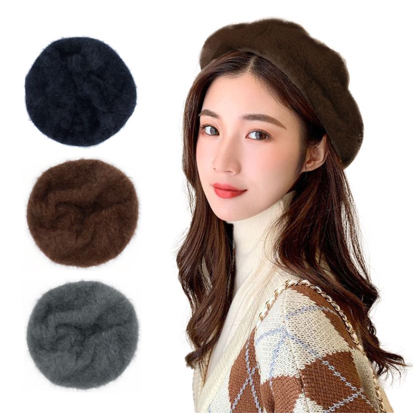 여성 앙고라 베레모 겨울 여자 모자 벙거지