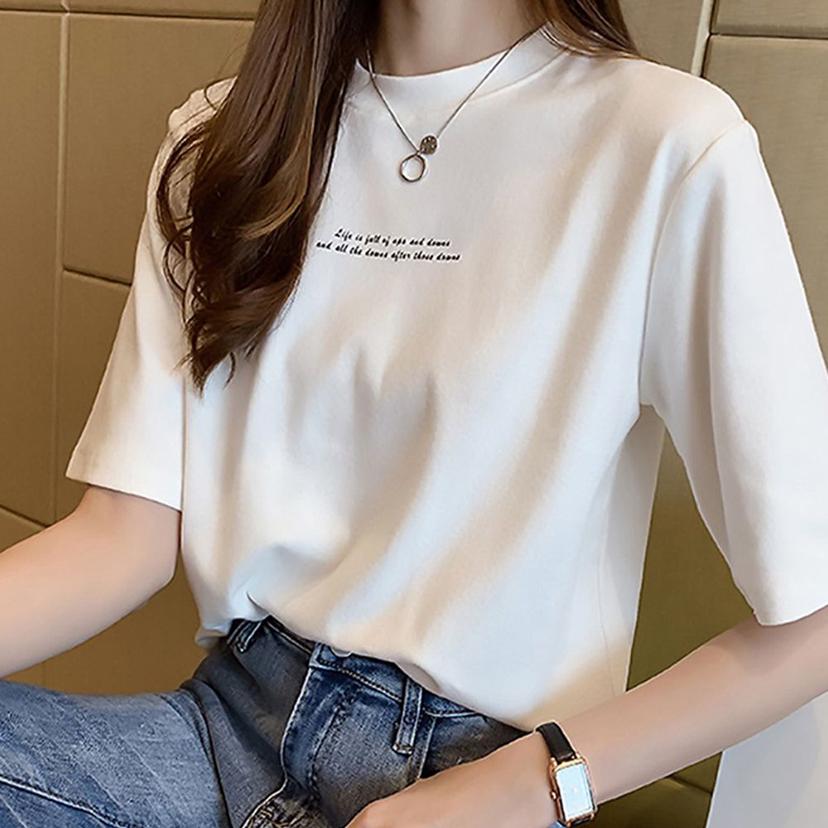 여성 여름 레터링 기본 반팔 티셔츠 화이트 코디
