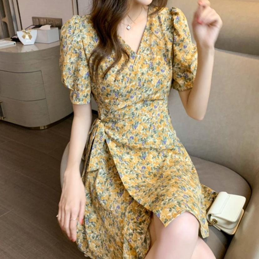 여성 노란색 꽃무늬 랩원피스 - 봄 여름 프릴 브이넥