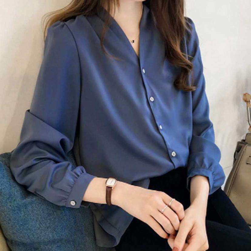여성 브이넥 블라우스 셔츠 자켓 이너 가을룩 코디