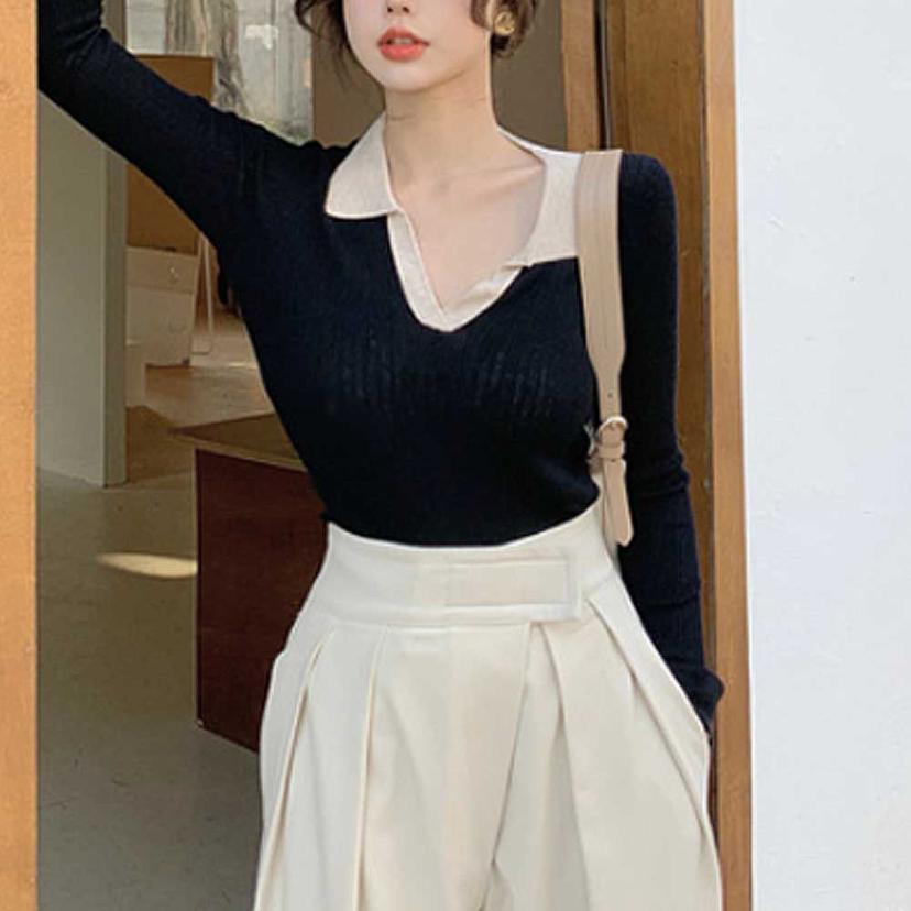 여성 반오픈 카라 브이넥 티셔츠 가을 데일리룩
