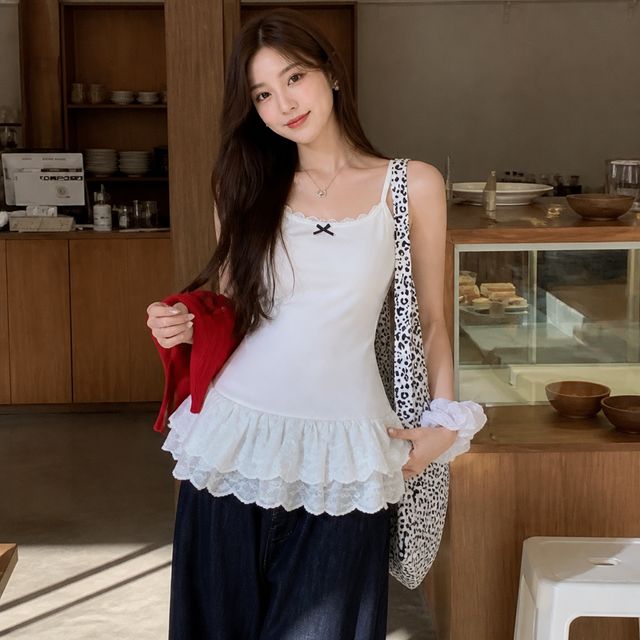 여름 휴가룩 레이스 뷔스티에 나시 프릴 시스루 롱 원피스 이너 끈나시