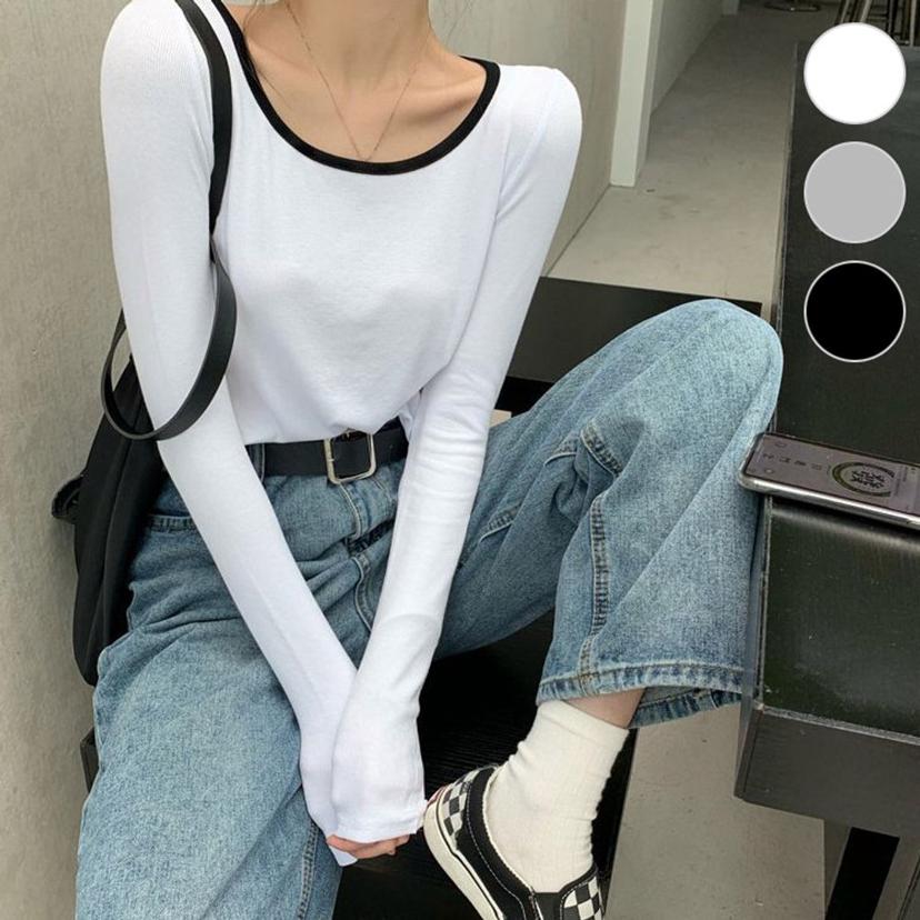 간절기 여성 배색 라운드넥 크롭 긴팔 티셔츠 데일리룩