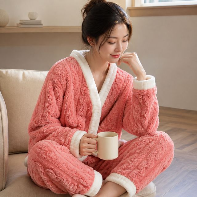 수면잠옷 홈웨어 여성 꽈배기 패턴 배색 실내복 파자마