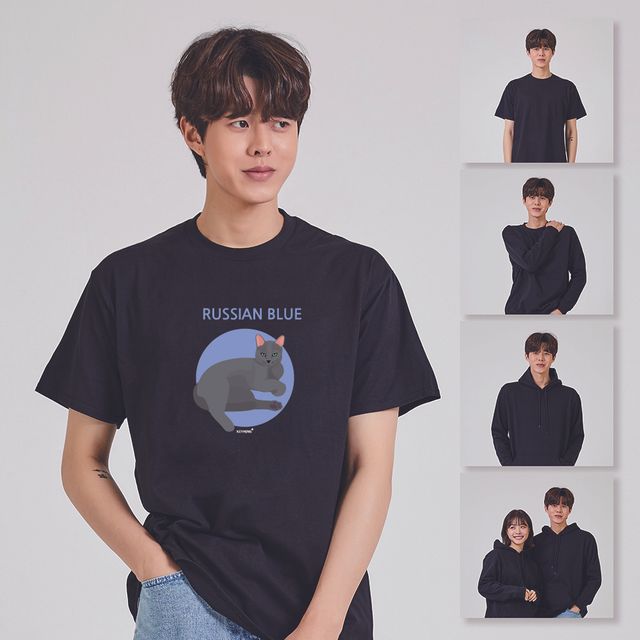 키밍 Russian Blue 고양이 귀여운 티셔츠 봄 반팔 면티