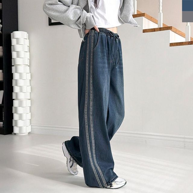 중청 데님 와이드팬츠 두줄라인 밴딩청바지 여성청바지 여자데님