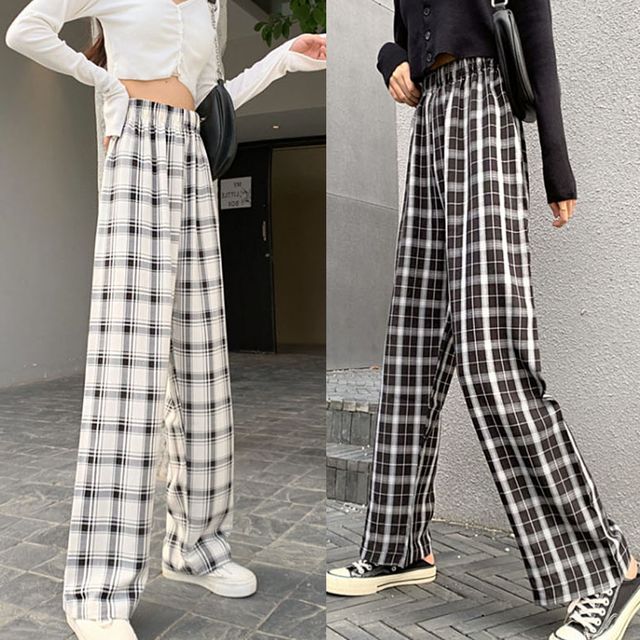 여성 허리밴딩 체크 무늬 편안한 통 바지 - 캐주얼 데일리룩