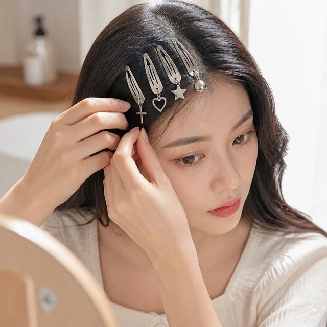 실버 헤어핀 똑딱핀 크로스 하트 별 모양 펜던트 여성 포인트 머리핀