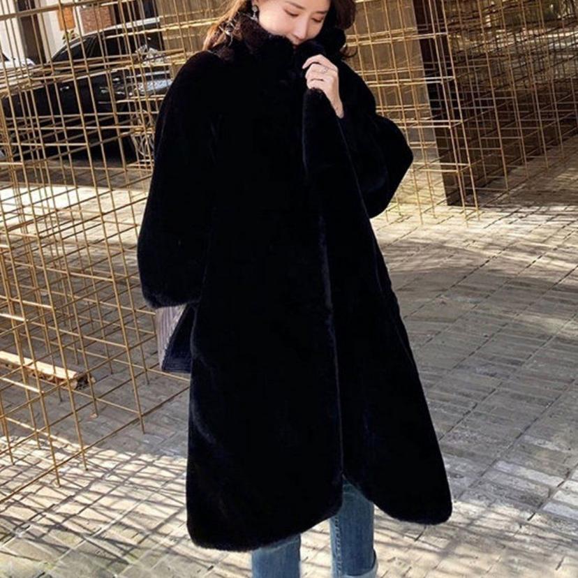 여성 루즈핏 페이크 퍼 카라 롱 코트 겨울 아우터