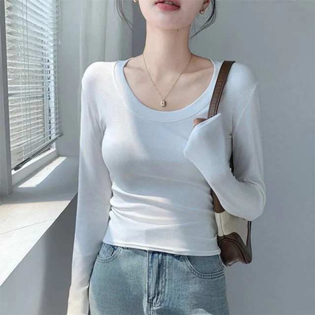 데일리 슬림 긴팔 티셔츠 여자 U넥 긴팔티