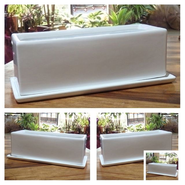 유광 도기화분 화이트 옆이 넓은 직사각 30x10x10cm 야외화분 베란다화분 정원화분 난간화분