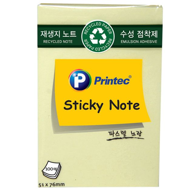 프린텍 노랑 재생지 스티키노트 접착지 점착식 메모지