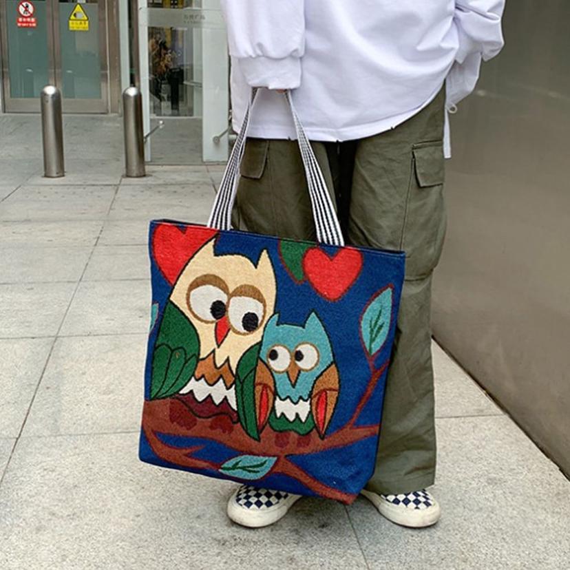 여성 보부상 숄더백 부엉이 패턴 가방 네이비 컬러
