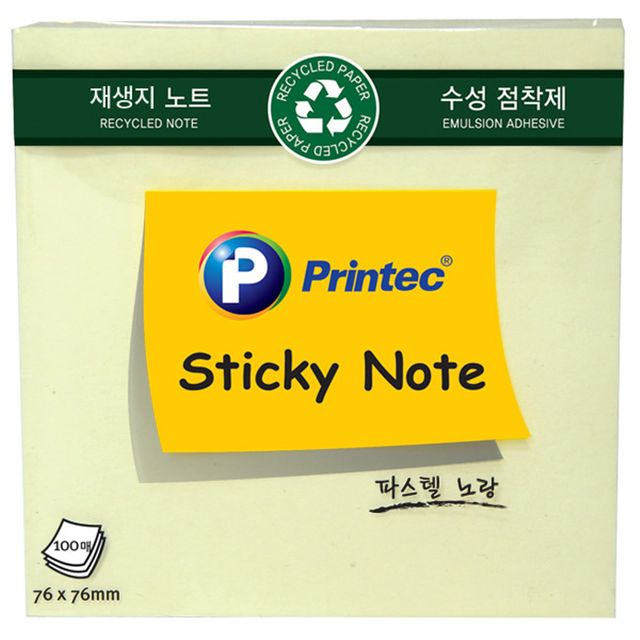 프린텍 노랑 재생지 스티키노트 점착식 메모지