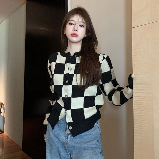 여성 체크 패턴 일상 라운드 가디건 니트 상의
