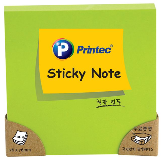 프린텍 형광 연두색 스티키노트, 점착식 메모지 형광펜