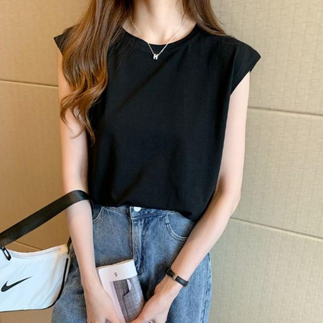 면 슬리브티 캡소매 여자 티셔츠 민소매 레이어드티 나시티
