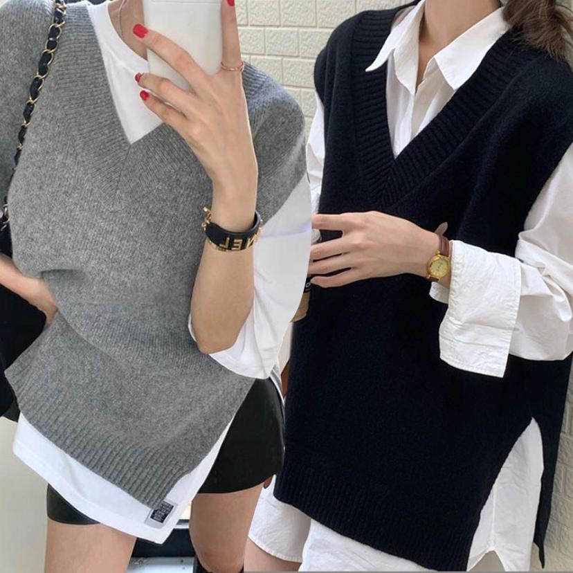 모던 레이어드 니트 조끼 여성용 데일리 베스트