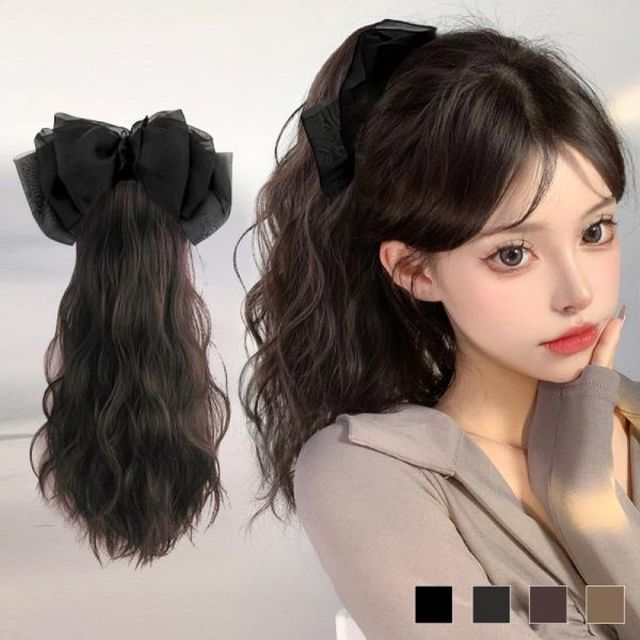 검정 리본 물결 가발 집게핀가발 부분 밝은갈색 여자