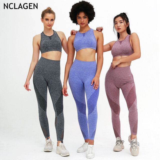 NCLAGEN 뜨개질 원활한 요가 정장 여성 투피스 세트