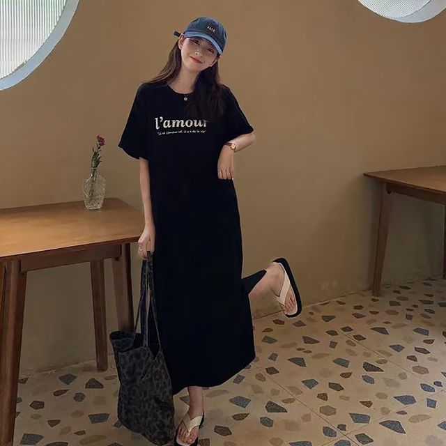 라운드 영문 프린팅 캐주얼 데일리 트임 롱원피스 - 트렌디한 봄 여름 코디