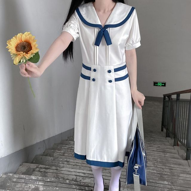 블루라인 화이트 세라복 마린 프레피룩 롱원피스