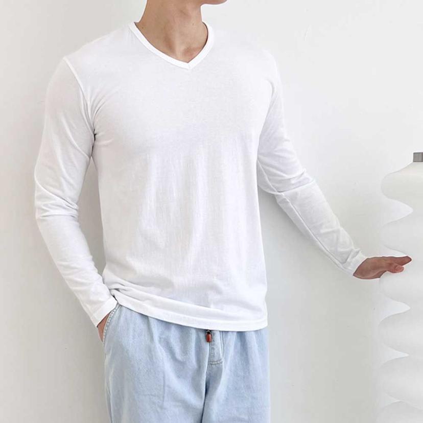 기본 브이넥 긴팔 면 티셔츠 - 남녀공용 데일리 상의