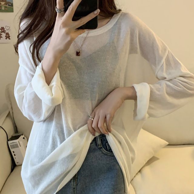 루즈핏 여자 시스루 긴팔 여름 컬러 캐주얼 티셔츠 - 시원한 여름 레이어드