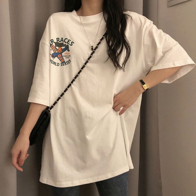 여성 감성 프린팅 반팔티 1P 박스핏 캐주얼 롱티셔츠 힙커버 여름 패션