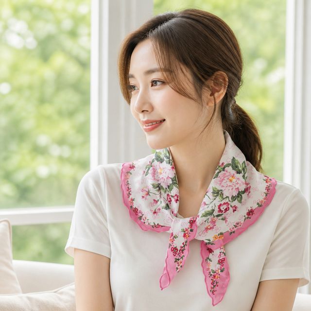 쁘띠 스카프 플라워 패턴 마 소재 여성 목수건 선물용