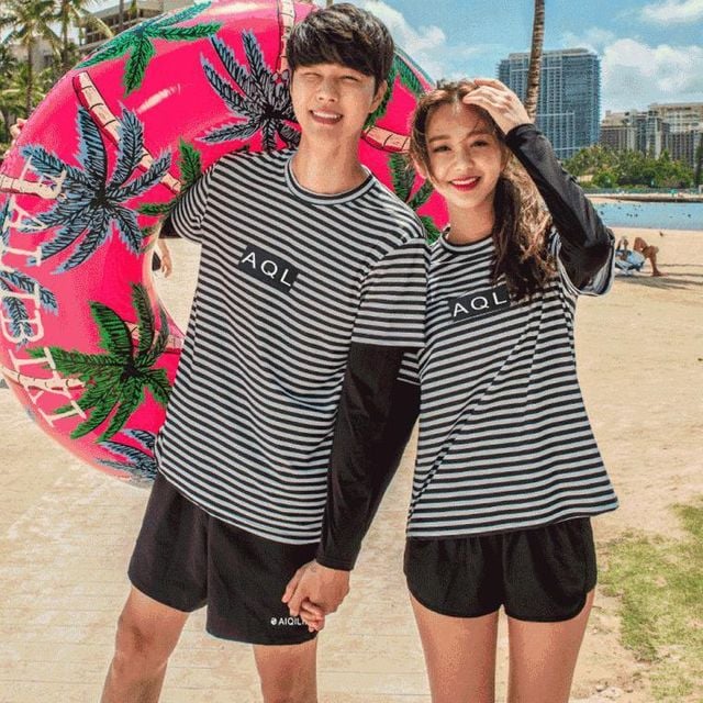 라벨 블랙 세트 래쉬 가드 수영복 캡내장 커플