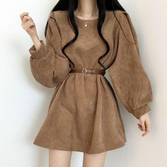 벨트퍼프 코듀로이 원피스 가을여신룩 데일리 미니원피스 브라운